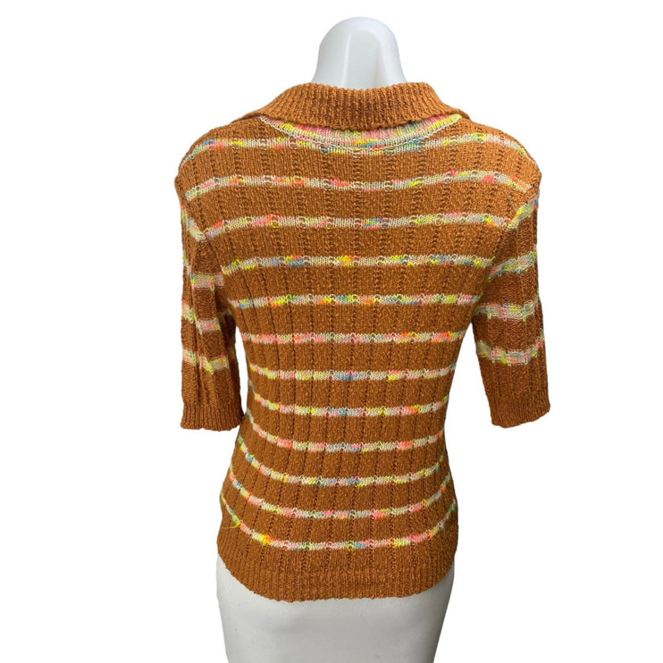 Free People Now and Then Brown Multicolor Striped Short Sleeve Knit Sweater Sz M