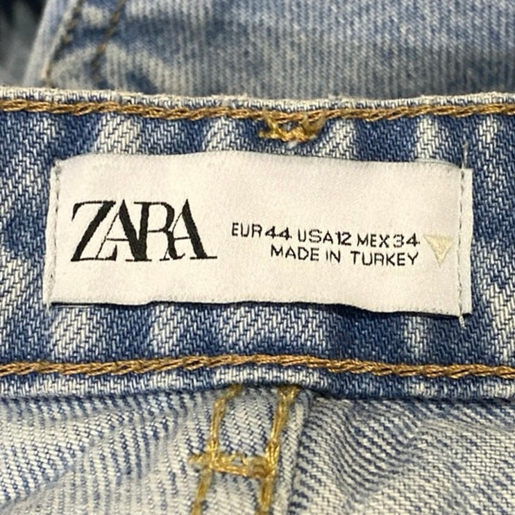 Zara Women's Blue High Waist Distressed Frayed Hem Straight Denim Jeans Pants 12