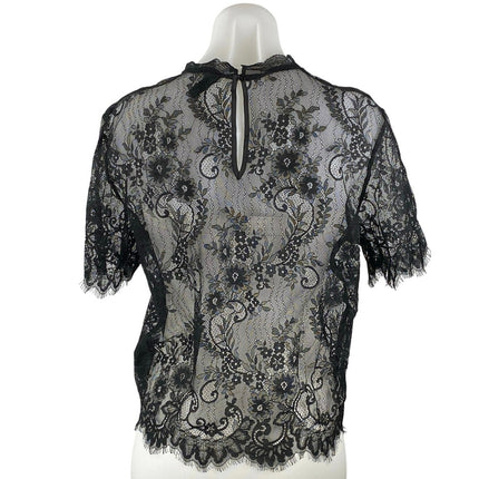 H&M Divided Black Floral Paisley Sheer Short Sleeve Lace Fringe Blouse Top Sz 8