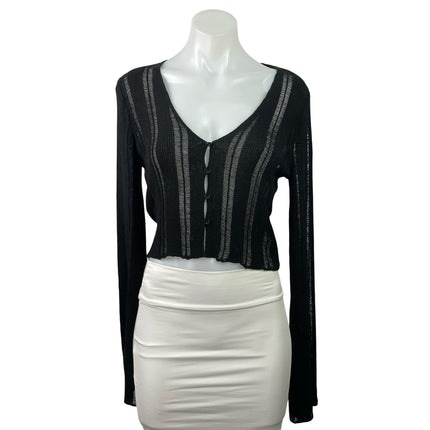 Victoria + Sophia Black Ribbed Knit Semi Sheer V Neck Button Up Crop Top Size S