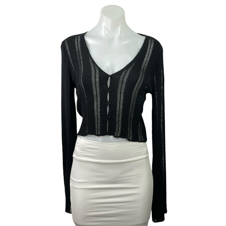 Victoria + Sophia Black Ribbed Knit Semi Sheer V Neck Button Up Crop Top Size S
