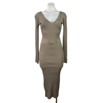 Fashion Nova Beige Taupe Long Sleeve V Neck Ribbed Knit Midi Bodycon Dress S