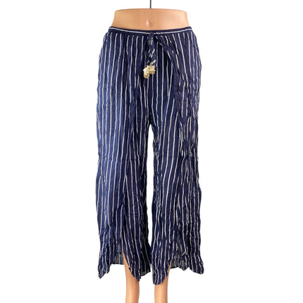 Aqua Blue Striped Tassel High Waist Split Wide Leg Palazzo Trousers Pants Size S