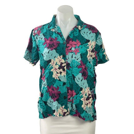 Croft & Barrow Women's Teal Floral Short Sleeve Button Down Camp Shirt Top LP