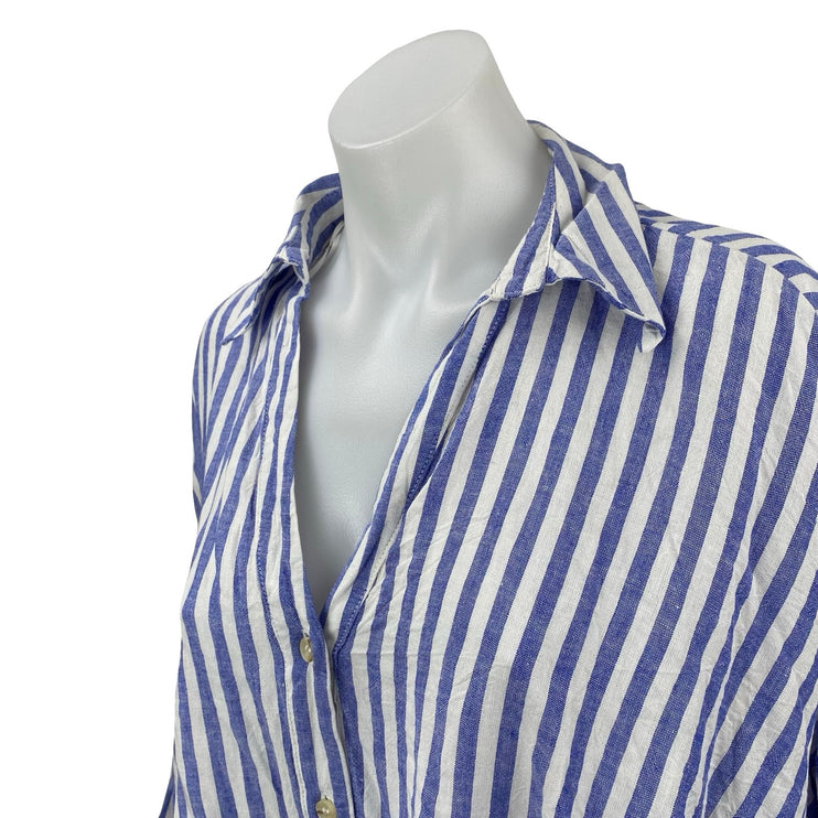 Zara Women's Blue Striped Long Sleeve V Neck Button Down Blouse Shirt Top Size M