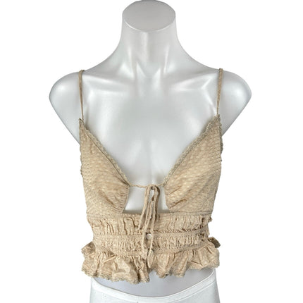 ASTR The Label Beige Sleeveless Plunging Smocked Ruffle Cami Crop Top Size S