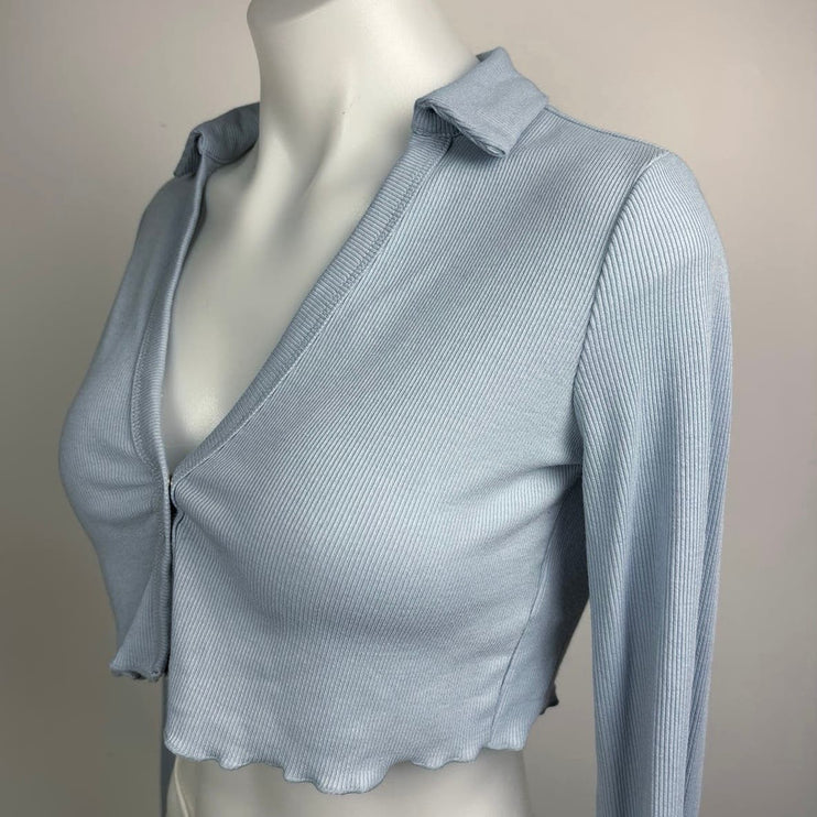 Adika Blue Ribbed Knit Snap Button Collared Long Sleeve Crop Top Shirt Blouse XS