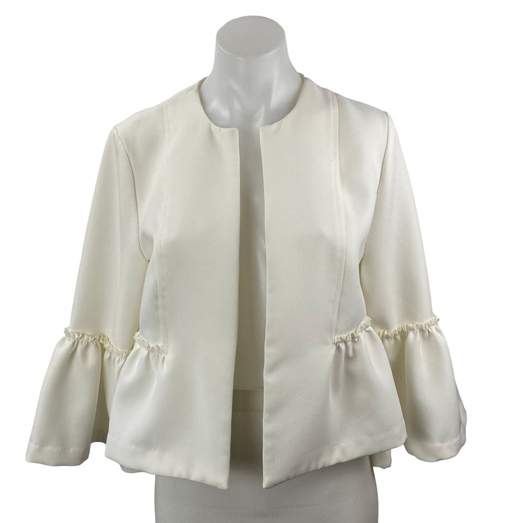 Akira Women's White Ruffle Bell Sleeve Round Neck Peplum Blazer Coat Jacket Sz M