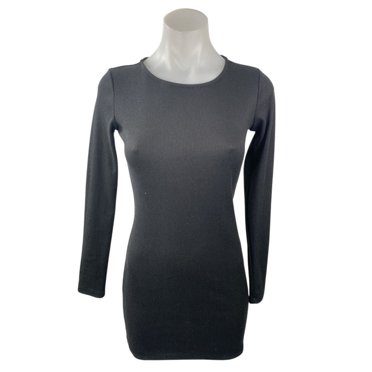 Princess Polly Black Ribbed Knit Round Neck Long Sleeve Mini Bodycon Dress Sz 4