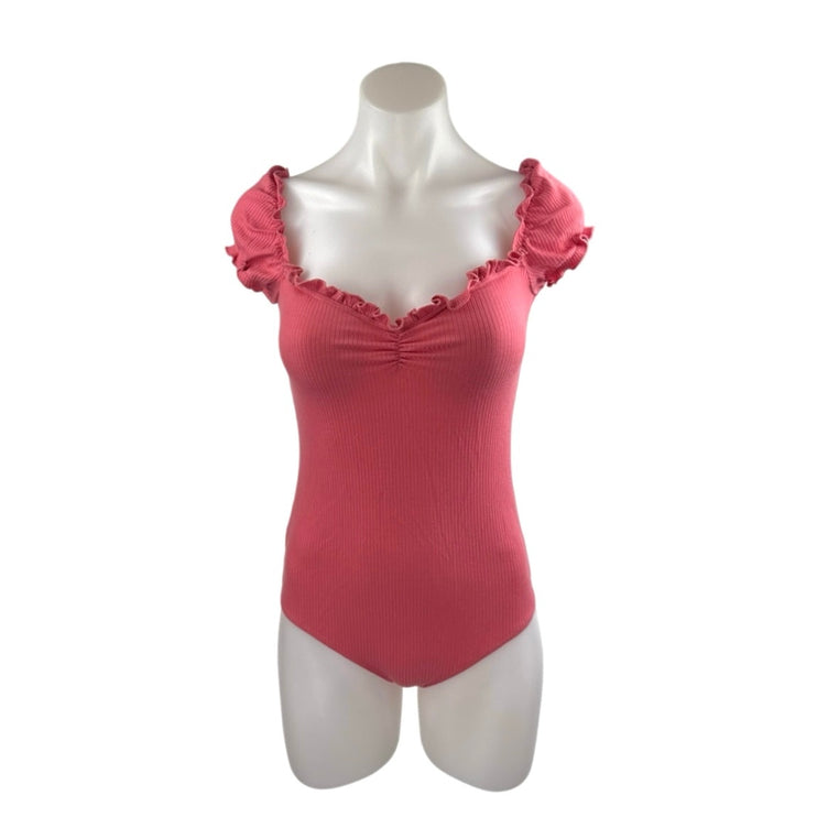 Reformation Palo Pink Ribbed Knit Ruffle Short Puff Sleeve Bodysuit Blouse Top S