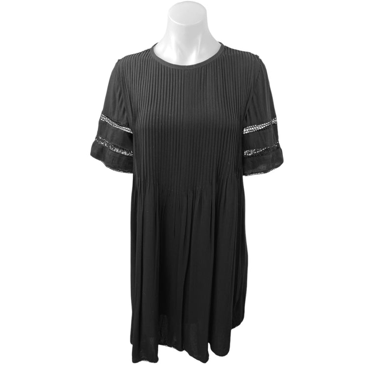 Aritzia Wilfred Black 100% Silk Pleated Short Sleeve Crew Neck Shift Dress Sz S