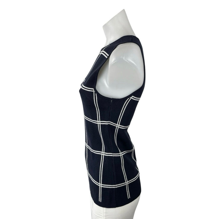 Ann Taylor Black Plaid Window Pane Check Sleeveless Knit Blouse Top Size XS