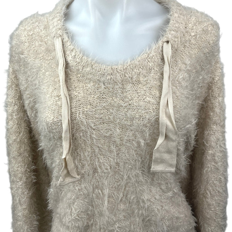 Free People Cream Eyelash Knit Hooded Hoodie Hi Low Pullover Sweater Top Size L