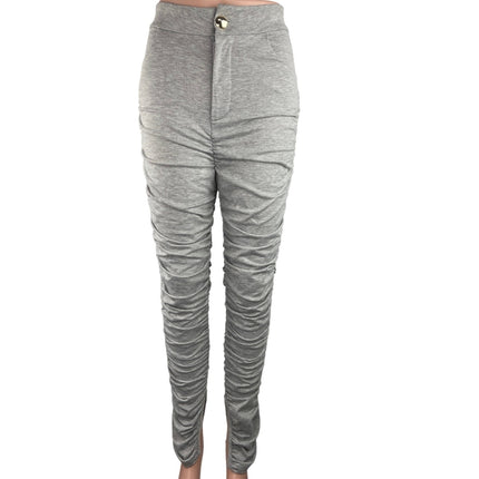 Irregular Exposure Gray Ruched Split Hem Skinny Leg Pockets Sweat Casual Pants S