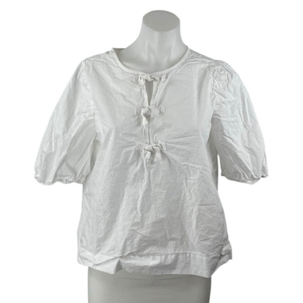 Ann Taylor LOFT White Short Puff Sleeve Tie Boxy Loose Shirt Blouse Top Size S