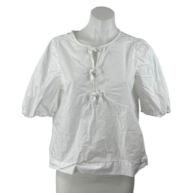 Ann Taylor LOFT White Short Puff Sleeve Tie Boxy Loose Shirt Blouse Top Size S