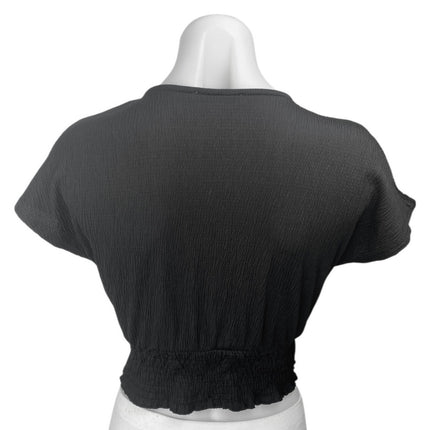 Zara Black Crinkled Gauze Short Flutter Sleeve V-Neck Smocked Crop Blouse Top S
