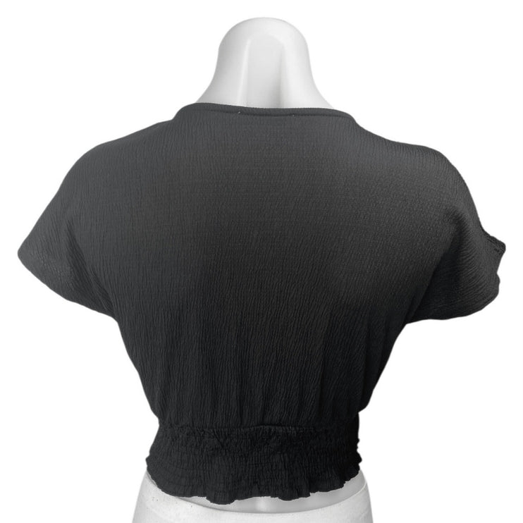 Zara Black Crinkled Gauze Short Flutter Sleeve V-Neck Smocked Crop Blouse Top S
