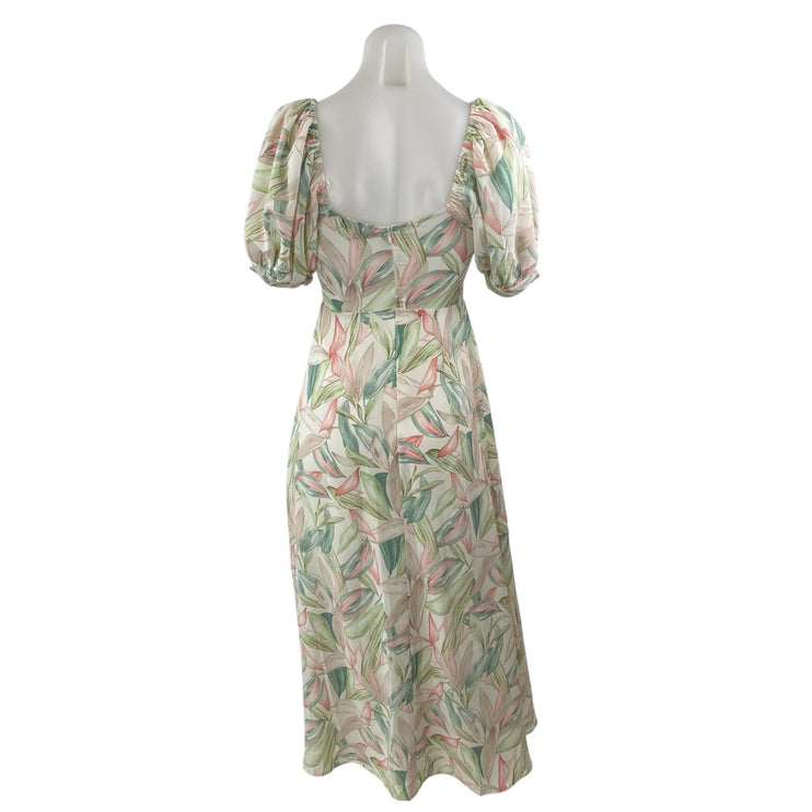 Lulus Thriving Moment Floral Cut Out Ruched Puff Sleeve Midi A-Line Dress Sz XS