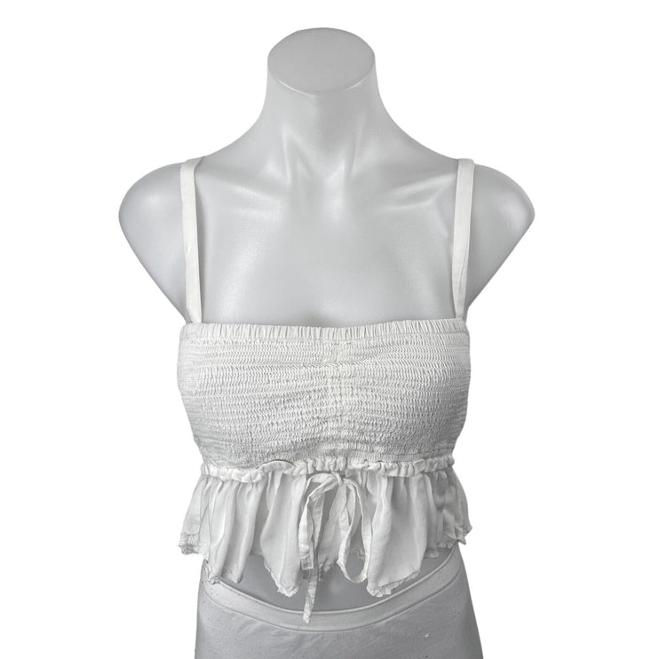 Aritzia Wilfred La Bohe'me Dareau White Sleeveless Smocked Ruffle Crop Top M