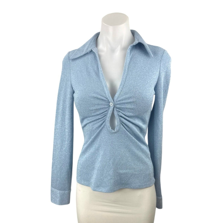 Zara Women's Blue Glitter Long Sleeve V Neck Button Polo Blouse Top Size XS