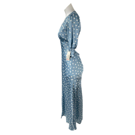 NEW B Darlin Blue Polka Dots Silk Satin Half Puff Sleeve Maxi Dress Size 7/8
