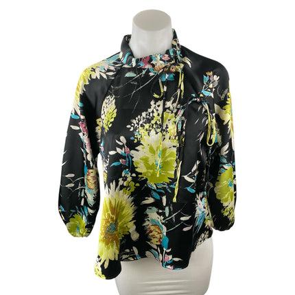Zara Multicolor Floral Silk Mandarin Collar Tie Shoulder 3/4 Sleeve Blouse Top S