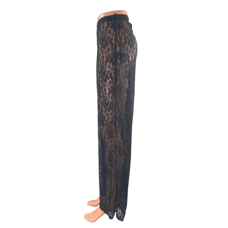 NEW PrettyLittleThing Black Floral Lace Sheer Wide Leg Trousers Pants Size 4