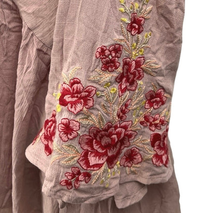 By Together Pink Floral Embroidered Deep V Neck Boho Peplum Blouse Top Size M