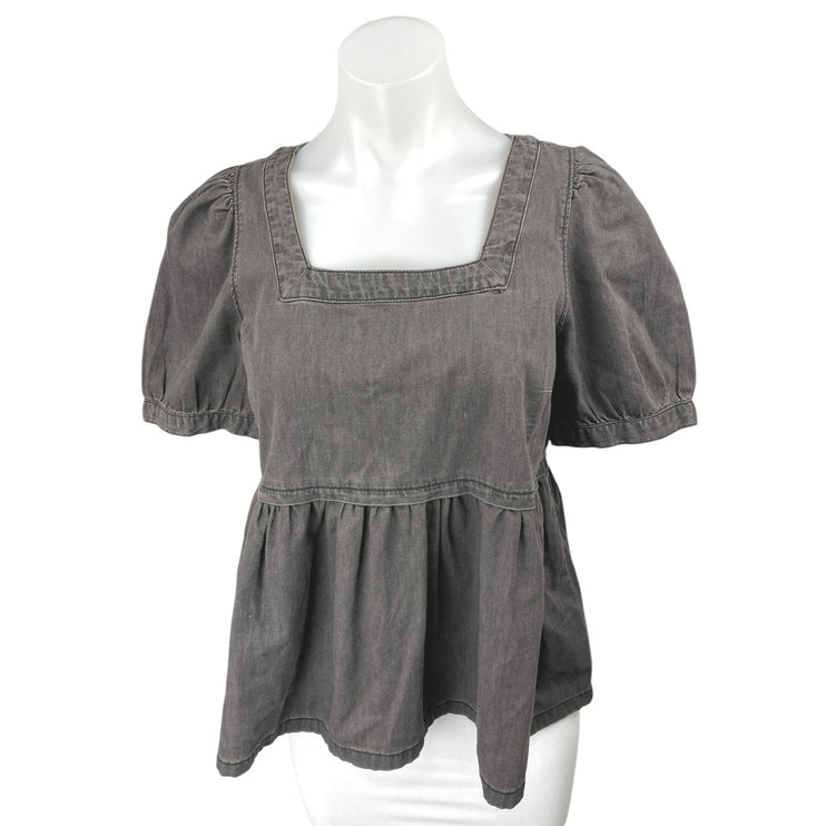 Madewell Women's Gray Puff Short Sleeve Denim Jeans Peplum Blouse Top Size S