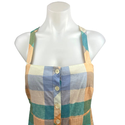 Madewell Rainbow Check Plaid Linen Button Cross Back Midi A-Line Tank Dress Sz 0