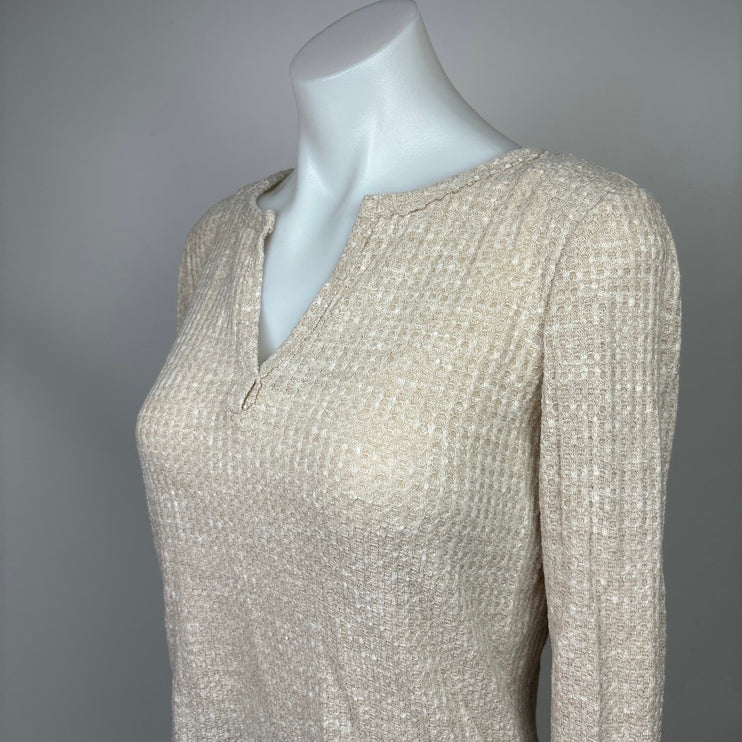 Socialite Women's Beige Waffle Knit Split V-Neck Long Sleeve Pullover Top Sz XS