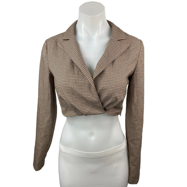 Zara Beige Houndstooth Collared Notch Lapel Long Sleeve Blazer Crop Top Size XS