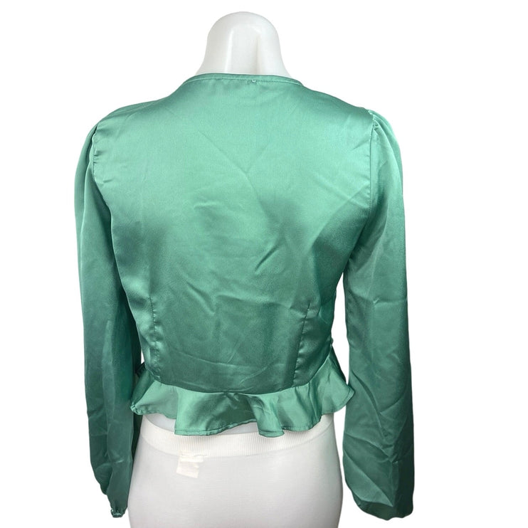 Sage The Label Green Satin Peplum Tie Front Puff Sleeve V-Neck Crop Top Blouse S