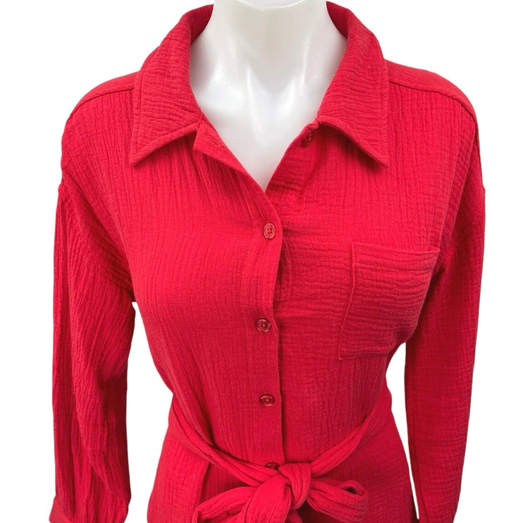 Saks Fifth Avenue Women's Red Long Sleeve Belted Button Down Mini Shirt Dress S