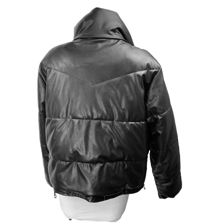 H&M Divided Black Faux Vegan Leather Full Zip Long Sleeve Puffer Coat Jacket S
