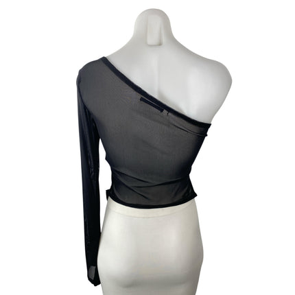 Silence & Noise Black Mesh Asymmetical One Shoulder Long Sleeve Blouse Top Sz S