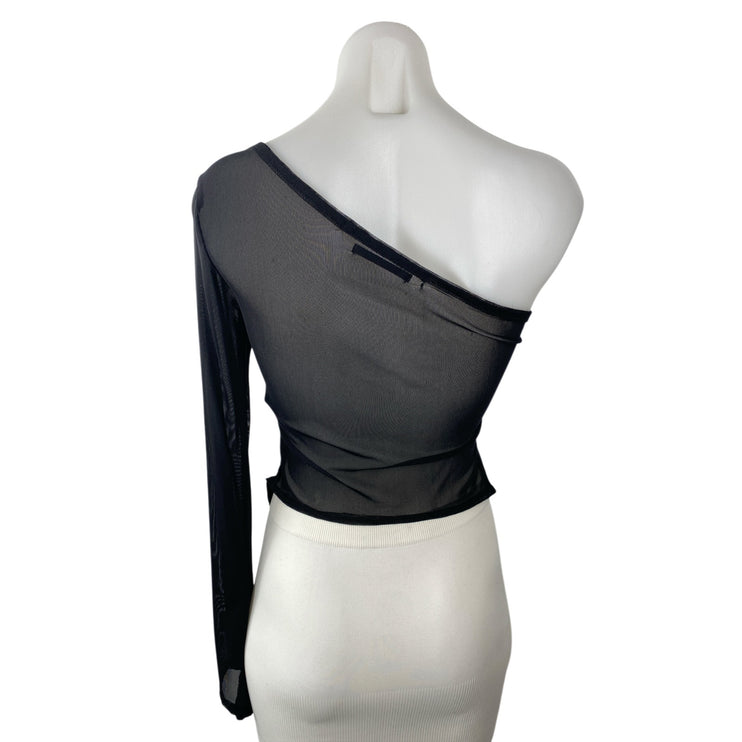 Silence & Noise Black Mesh Asymmetical One Shoulder Long Sleeve Blouse Top Sz S
