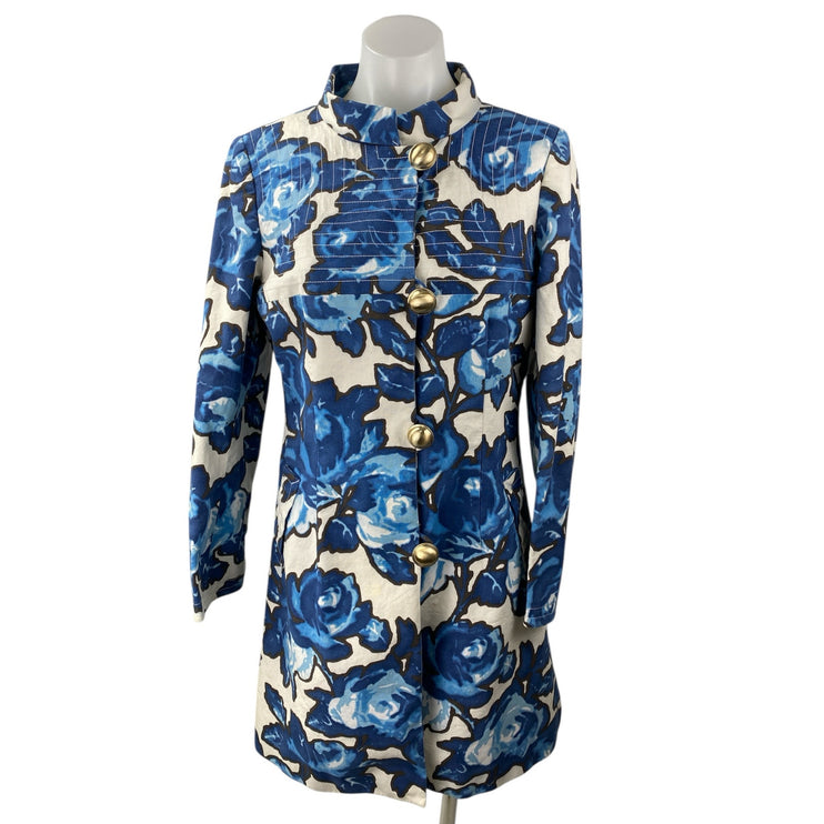 Women's Blue Floral Oversized Gold Buttons High Neck Long Sleeve Coat Jacket S