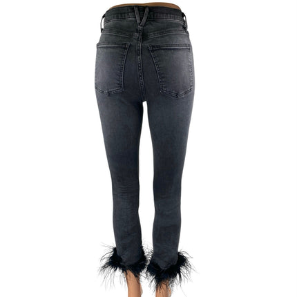 Veronica Beard Kareena Black Feather Trim High Rise Skinny Denim Jeans Pants 25