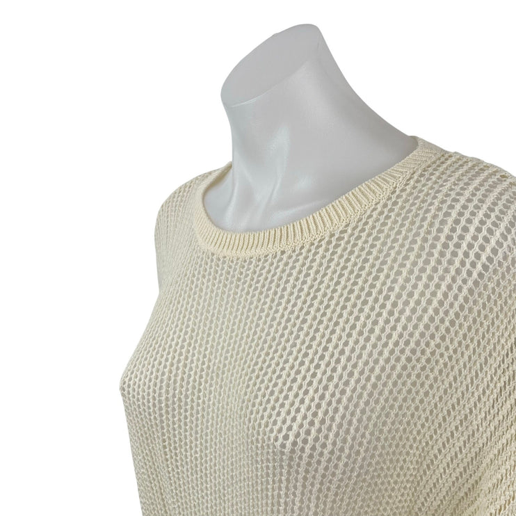 Uniqlo Women's Cream Linen Open Knit Crochet Crew Neck Long Sleeve Sweater Top M