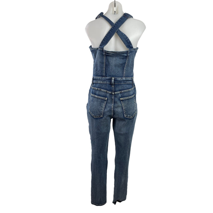 Venus Blue Medium Wash Button Scoop Neck Denim Jean Skinny Overall Jumpsuit 10