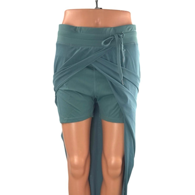 Women's Teal Blue Mesh Sheer Slit Pleated Tie Waist A Line Midi Skirt Size M