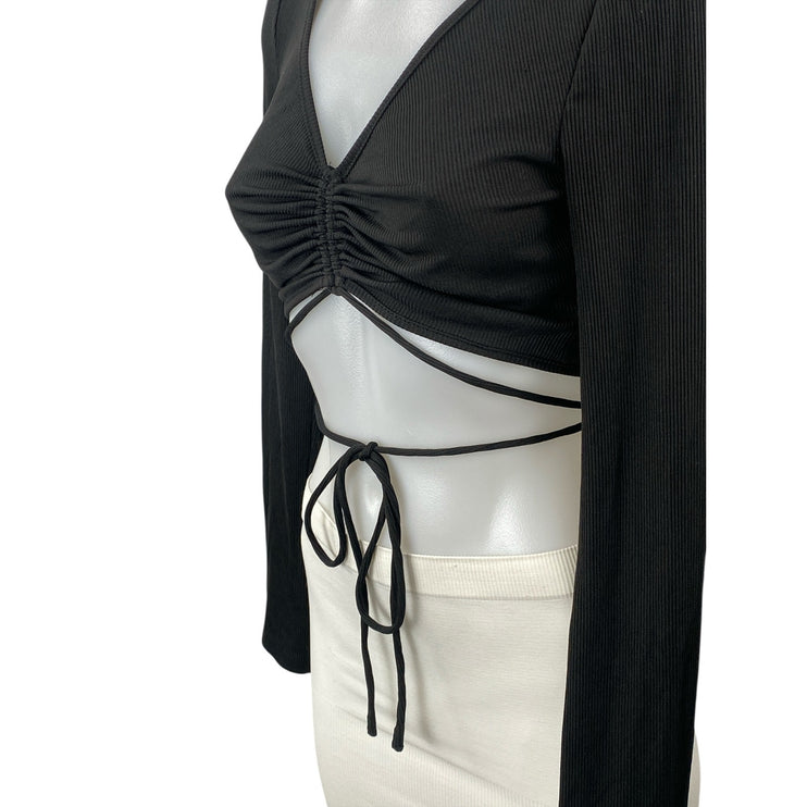 Princess Polly Women's Black Ruched V Neck Long Sleeve Tie Waist Crop Top Size 6