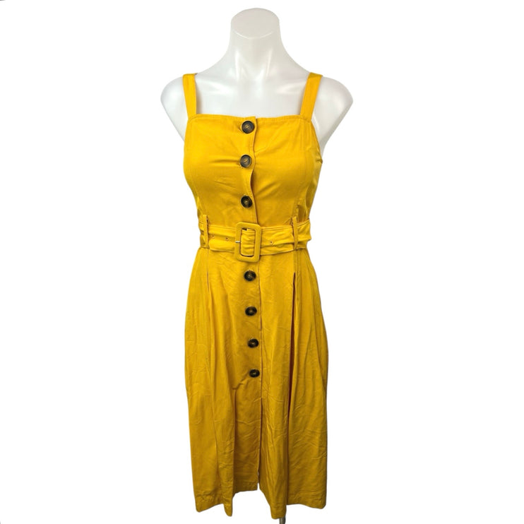 JOA Yellow Sleeveless Button Down Belted Pleats Midi Fit & Flare S-Line Dress XS