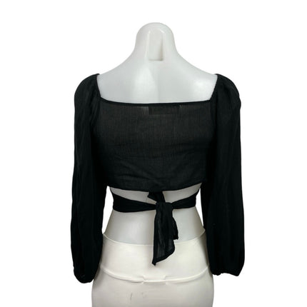 Audrey 3+1 Women's Black Long Puff Sleeve V Neck Tie Wrap Blouse Crop Top Size S