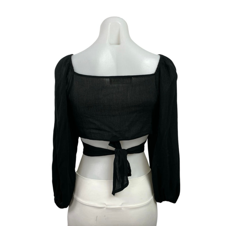 Audrey 3+1 Women's Black Long Puff Sleeve V Neck Tie Wrap Blouse Crop Top Size S