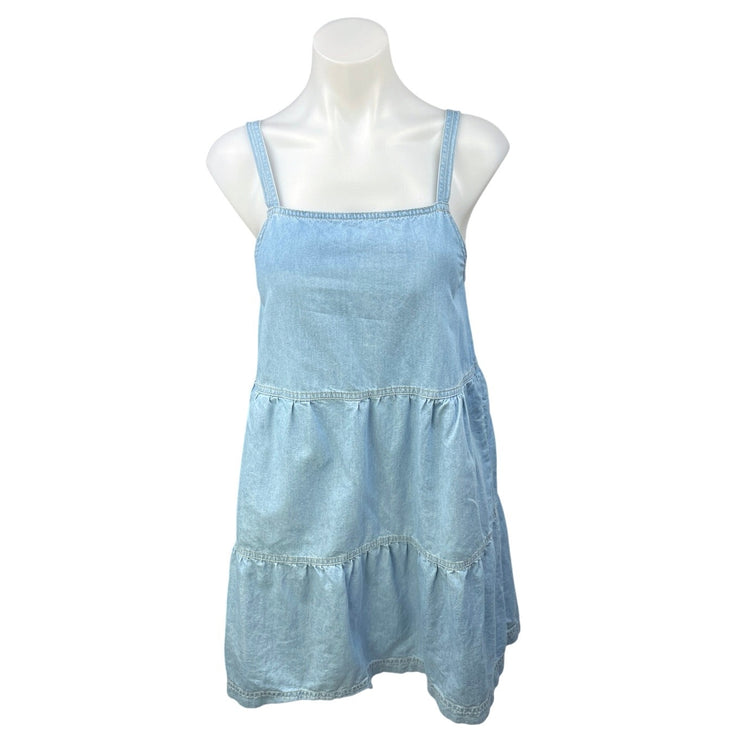 Z Supply Daniela Blue Chambray Square Neck Strap Tiered Denim Jeans Dress Sz XS