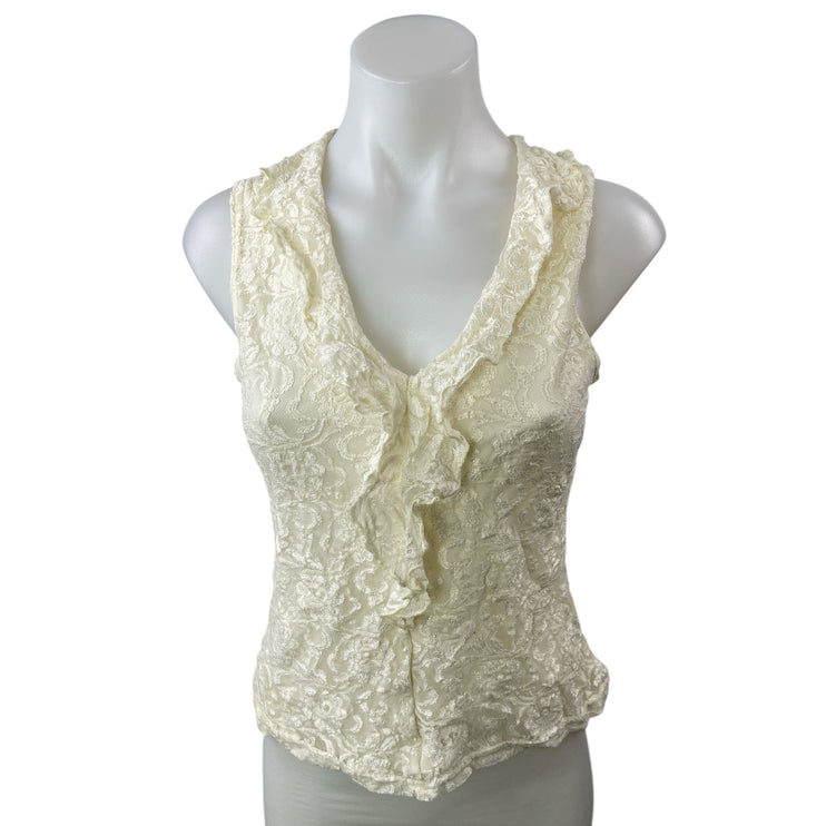 GAS Women's White Floral Lace V Neck Sleeveless Ruffled Tank Shirt Blouse Top S