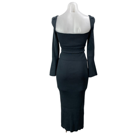 NEW Self-Portrait Scallop Edge Dark Gray Long Bell Sleeves Rib Knit Midi Dress S